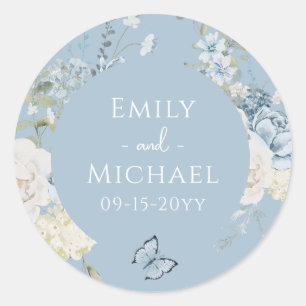 Sticker Rond Mariage floral romantique bleu Dusty