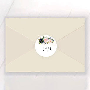 Sticker Rond Mariage floral rose bleu marine et bleu