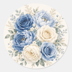 Sticker Rond Mariage Floral Rose Bleue & Crème