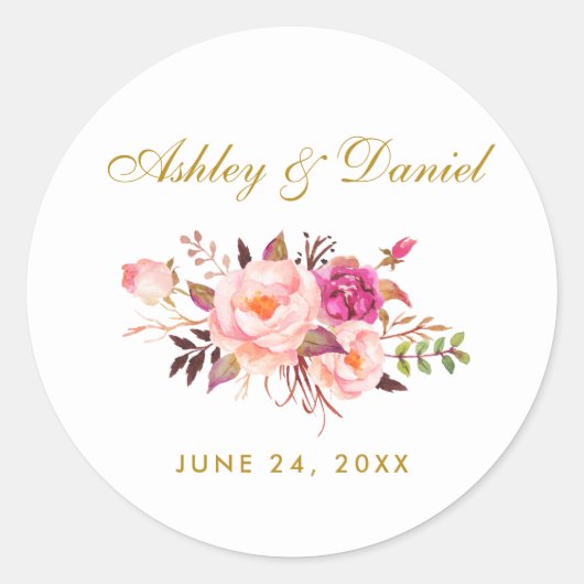 Sticker Rond Mariage floral rose Blush or (Devant)