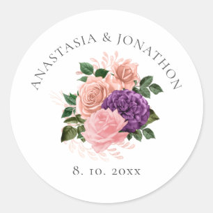 Sticker Rond Mariage floral rose et violet de la Pêche