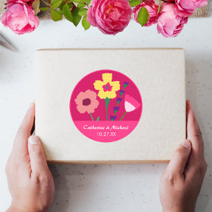 Sticker Rond Mariage floral rose gras et brillant Fuchsia