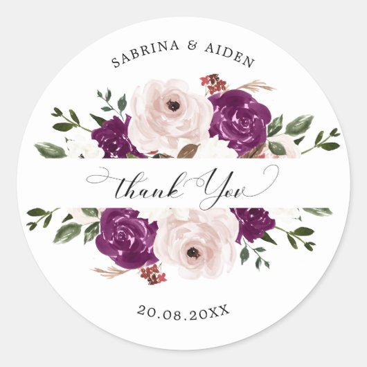 Sticker Rond Mariage floral rose rose rose prune moderne (Devant)