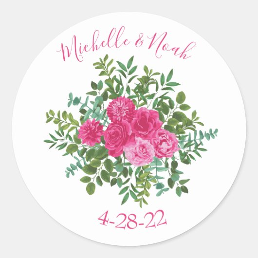 Sticker Rond Mariage floral rose vif (Devant)