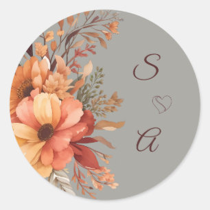 Sticker Rond Mariage Floral Rustique Aquarelle Monogramme d'Aut