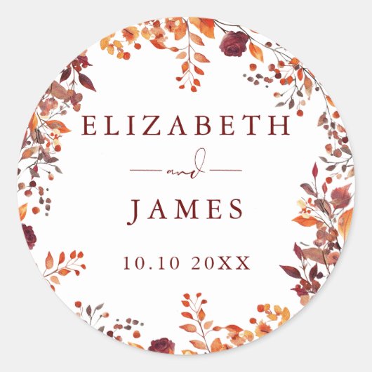 Sticker Rond Mariage Floral Rustique d'Automne (Devant)