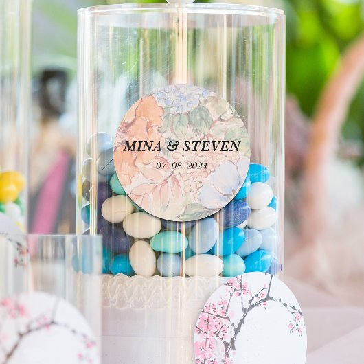 Sticker Rond Mariage floral rustique orange aquarelle