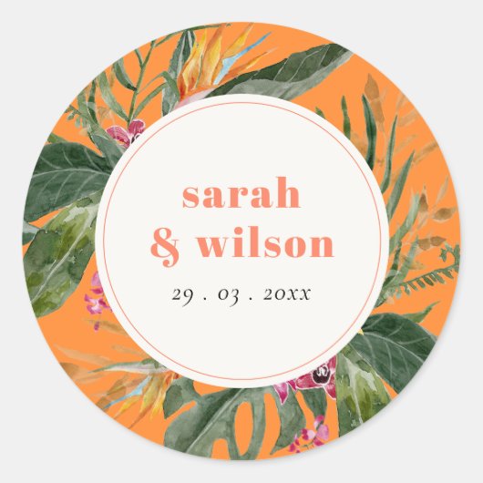 Sticker Rond Mariage floral tropical orange vif Boho (Devant)