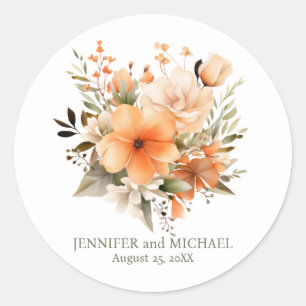 Sticker Rond Mariage floral vert et pêche d'été