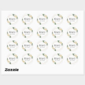 Sticker Rond Mariage Floral Vert Or Moderne Date Monogramme (Feuille)