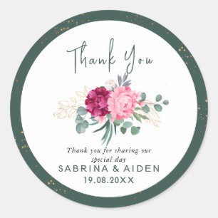 Sticker Rond Mariage Floral Vert Sage Simple Rose Rose Rose Or
