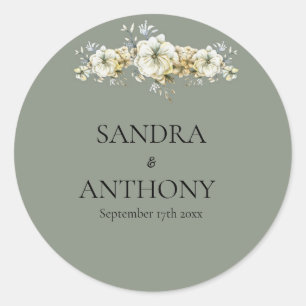 Sticker Rond Mariage Floral Vert Sauge