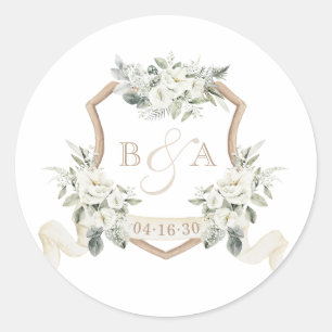 Sticker Rond Mariage Floral Vert Sauge Blanc Crest Floral