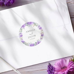 Sticker Rond Mariage Floral Violet Aquarelle
