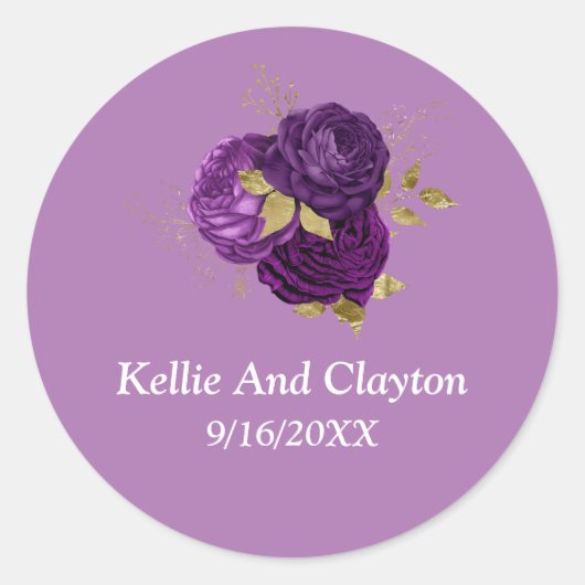 Sticker Rond Mariage Floral Violet Et Or (Devant)