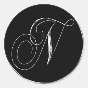 Sticker Rond Mariage Formel Argent Et Noir Monogramme N Sceau