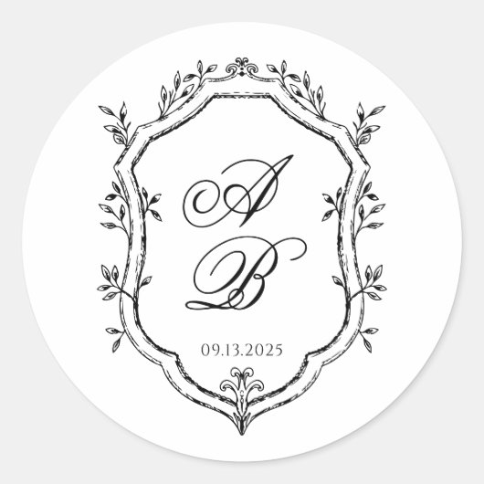 Sticker Rond Mariage Formel noir & blanc Floral Monogram Crest (Devant)