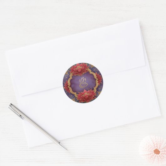 Sticker Rond Mariage Ganesh | Indien Dieu violet Lotus rose (Enveloppe)