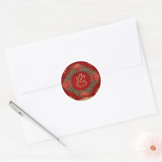 Sticker Rond Mariage Ganesh | Mariage indien Gold Lotus Red (Enveloppe)