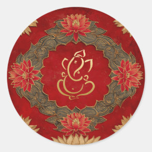 Sticker Rond Mariage Ganesh   Mariage Indien Lotus Rouge Or