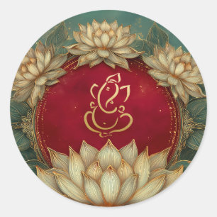 Sticker Rond Mariage Ganesh   Mariage Indien Lotus Rouge Or