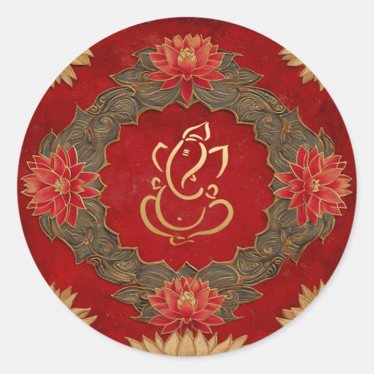 Sticker Rond Mariage Ganesh | Mariage Indien Or Lotus Rouge (Devant)