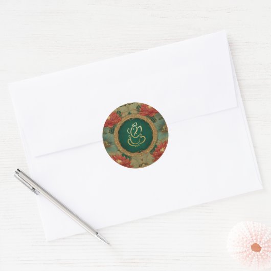 Sticker Rond Mariage Ganesh | Mariage indien Pink Lotus Green (Enveloppe)