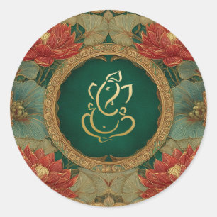 Sticker Rond Mariage Ganesh   Mariage Indien Rose Lotus Vert