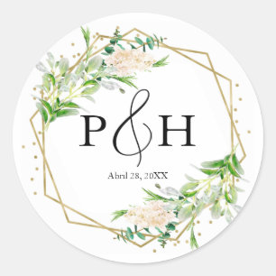 Sticker Rond Mariage géométrique à la verdure avec monogramme e