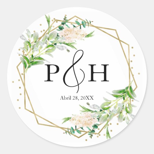 Sticker Rond Mariage géométrique à la verdure avec monogramme e (Devant)