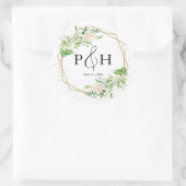 Sticker Rond Mariage géométrique à la verdure avec monogramme e (Sac)