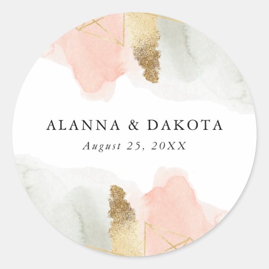 Sticker Rond Mariage géométrique Blush & Sage Aquarelle Or (Devant)