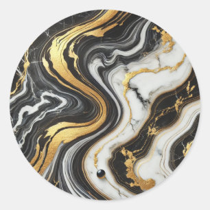 Sticker Rond Mariage Glam Or Liquide Aspect Marbre Noir Blanc 