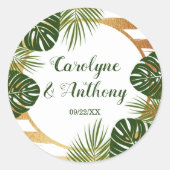 Sticker Rond Mariage Gold Foil & Green Palm Leaf Beach (Devant)