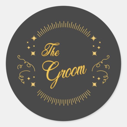Sticker Rond Mariage Gold Groom Élégant Script Gold Noir (Devant)