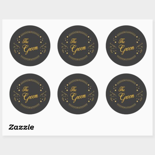 Sticker Rond Mariage Gold Groom Élégant Script Gold Noir (Feuille)