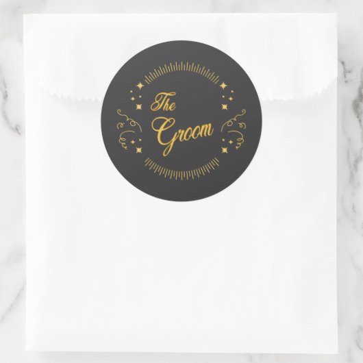 Sticker Rond Mariage Gold Groom Élégant Script Gold Noir (Sac)