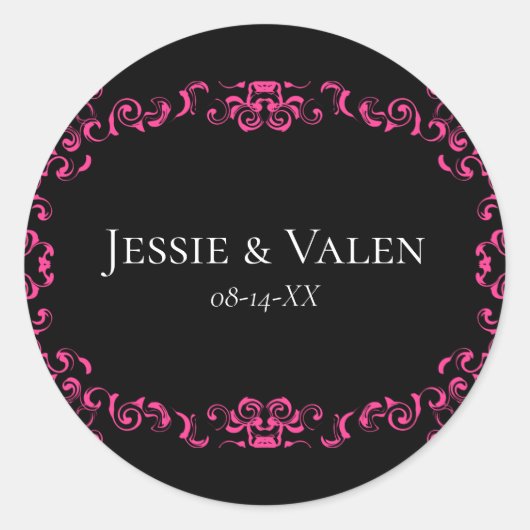 Sticker Rond Mariage gothique rose chaud et noir (Devant)