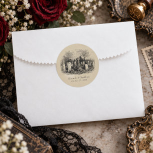 Sticker Rond Mariage Graves Vintage Gothique Noir Toile Tan