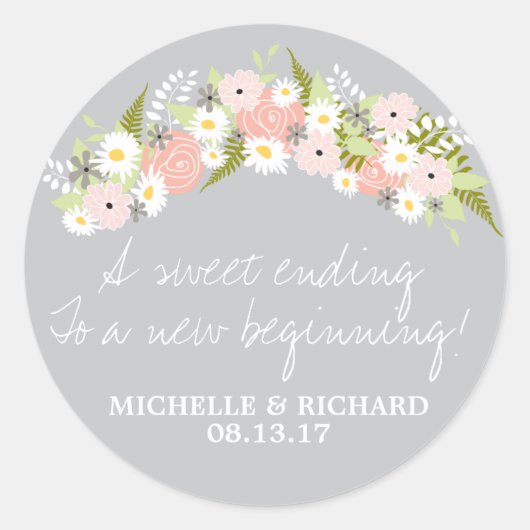 Sticker Rond Mariage gris clair de couronne de fleurs (Devant)