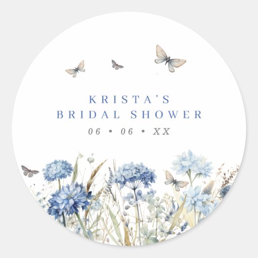 Sticker Rond Mariage Hydrangeas Bleus & Papillons (Devant)
