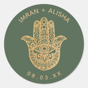 Sticker Rond Mariage indien Gold Bottle Green hamsa Henné