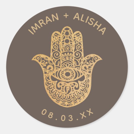 Sticker Rond Mariage indien Gold Brown hamsa Henna (Devant)