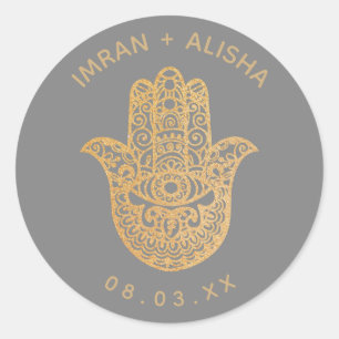 Sticker Rond Mariage indien Gold Grey hamsa Henna