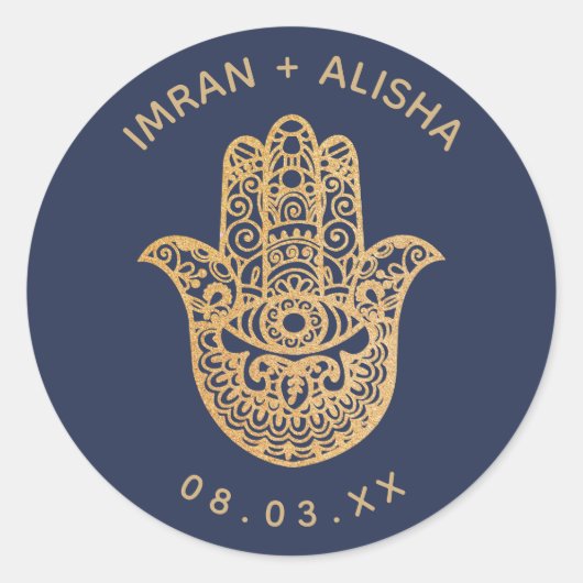 Sticker Rond Mariage indien Gold Navy Blue hamsa Henna (Devant)