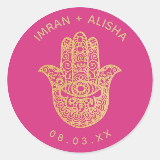 Sticker Rond Mariage indien Gold Pink hamsa Henna (Devant)