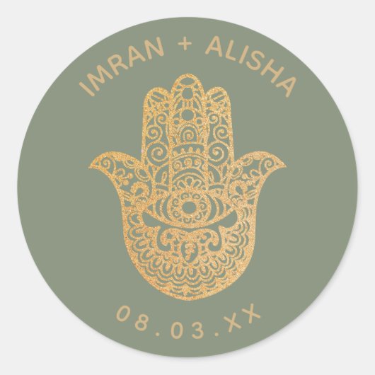 Sticker Rond Mariage indien Gold Sage Green hamsa Henné (Devant)