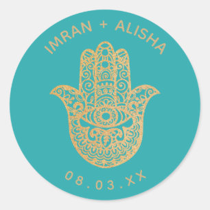 Sticker Rond Mariage indien Gold Turquoise hamsa Henna