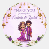 Sticker Rond Mariage indien Mehndi violet mignon couple nuptial (Devant)