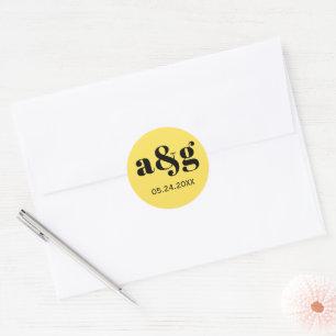 Sticker Rond Mariage jaune monogramme simple et élégant